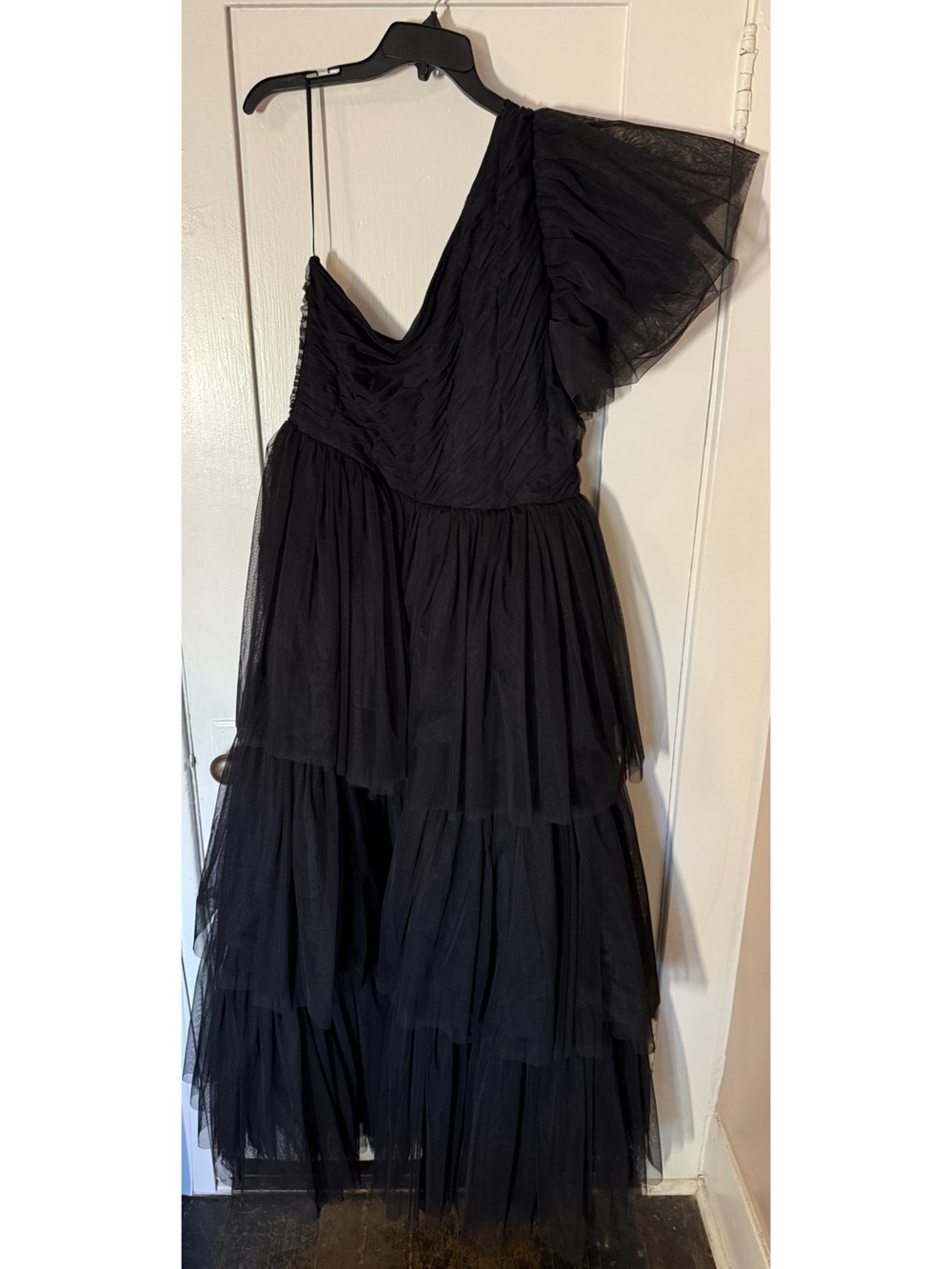 Asymmetric One-Shoulder Black Tulle Tiered Evening Dress Formal Goth Gown Glam